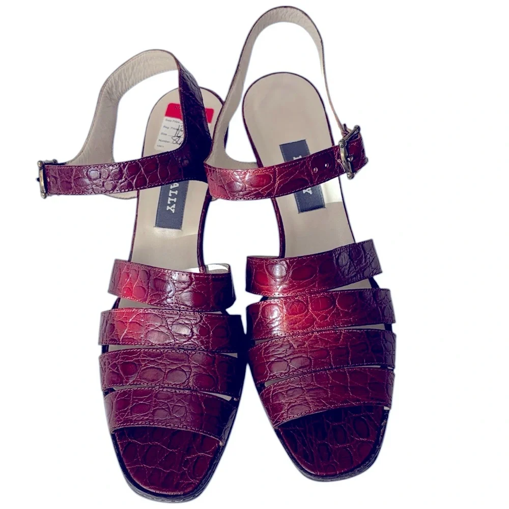 Bally leather crocodile print NWT luxury sandal, dark red/cordovan color,10.5